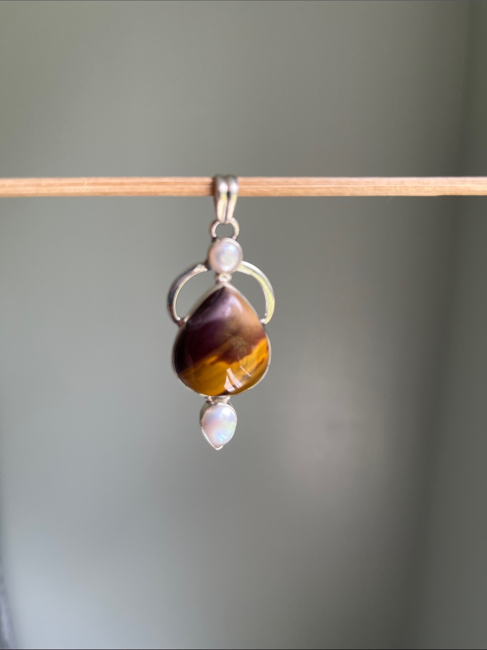 Sterling Silver Natural Brown Stone Pendant - Brown and White